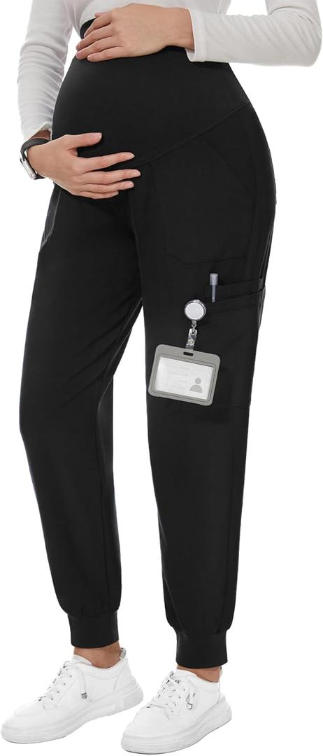 PACBREEZE Women's Maternity Scrubs with 6 Pockets, Workwear Maternity Jogger Scrubs Pregnancy Pants, S-XXL(Black, XX-Large)