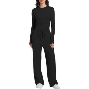 2 Piece Lounge Sets for Women Fall Outfits Long Sleeve Wide Leg Tracksuits Womens Two Pcs Casual Matching Loungewear Set (Medium, Black)