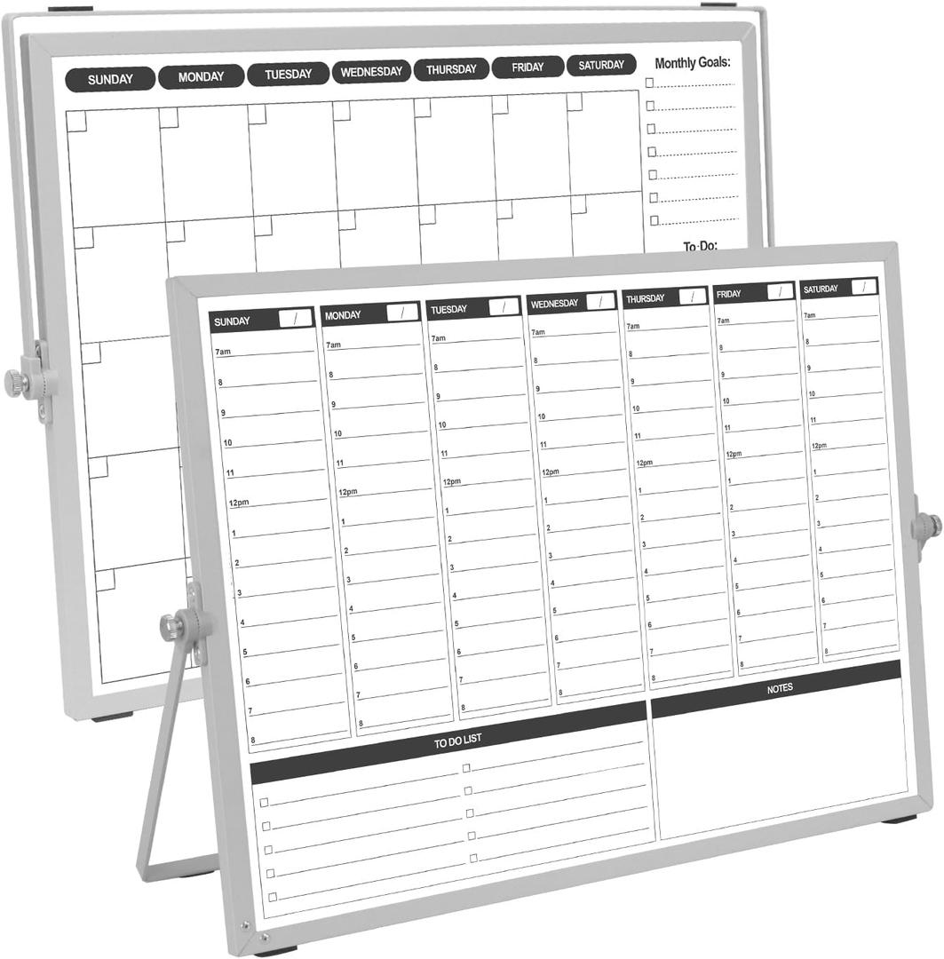 Planning Boards,White Board Dry Erase Calendar with Stand,Double-Sided Weekly Calendar Schedule Board with Time Slots&Monthly Planner with to DO List for Desk and Wall 16"12"(1 Pack)