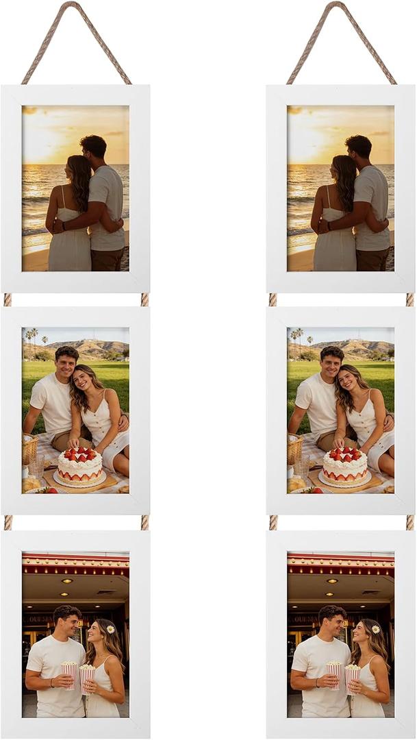 Lavezee 4x6 White Hanging Collage Picture Frames Set of 2, 6 Opening Vertical Frame Made to Display 4 by 6 Inch Photo for Wall Decor,White