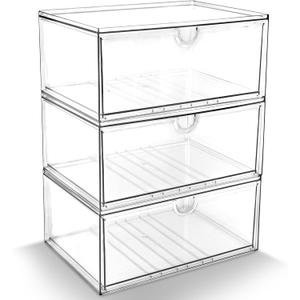 Prsildan Acrylic Makeup Organizer, 3 Pack Stackable Clear Storage Drawers for Baby Bottles Desk Organizers with 3 Drawers for Countertop Vanity Nursery Modular System for Cosmetics Jewelry