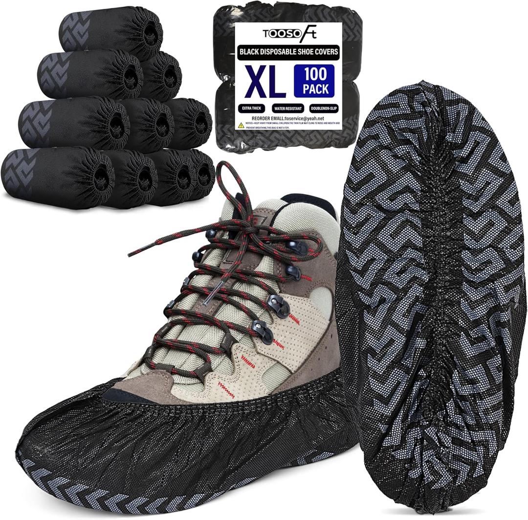 TOOSOFt Black Shoe Covers Disposable Non Slip 100 Pack (50 Pairs): Extra Large Non-Woven Fabric Booties for Shoes Covers for Indoors Reusable,Breathable, Waterproof - Fits Up to Size 14 US Men