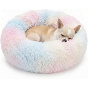 Tiny Dog Bed 15 Inch for Extra Small Dogs,Washable Puppy Bed,Soft Faux Fur Calming Donut Bed for Chihuahua Yorkie Maltese Pomeranian,Rainbow