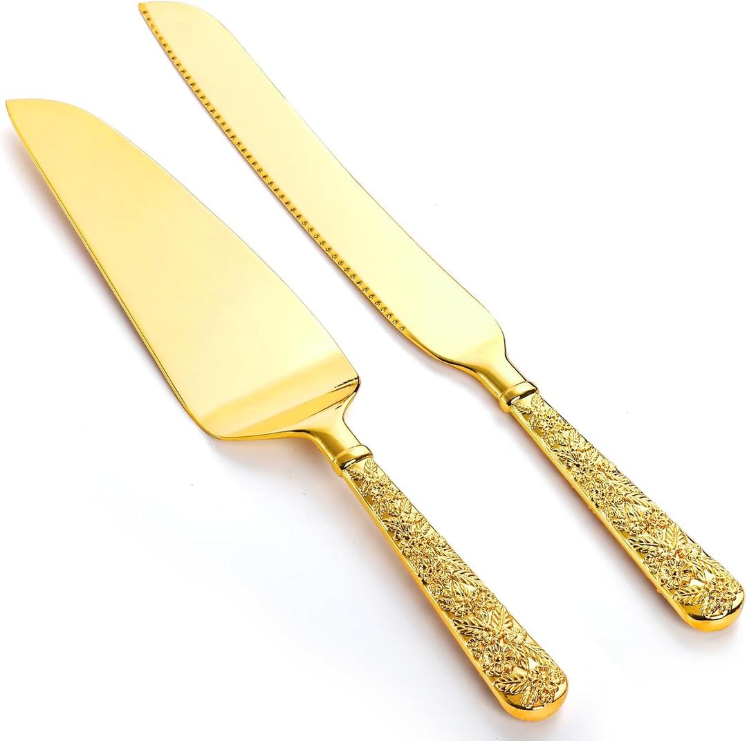 Dicunoy 2 PCS Gold Cake Knife and Server Set, Wedding Cake Cutting Utensils, Vintage Engraved Cake Cutter and Serving Spatula for Birthday,Anniversary, Vibrant Gold