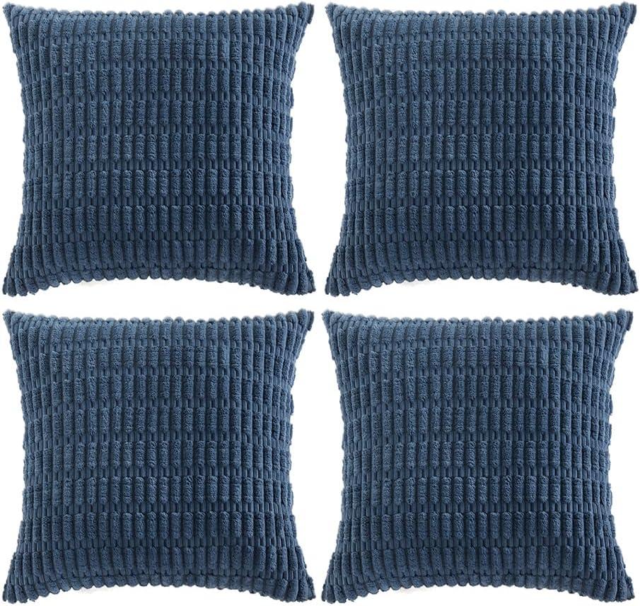 Fancy Homi 4 Packs Dusty Blue Decorative Throw Pillow Covers 20x20 Inch for Living Room Couch Bed Sofa, Rustic Farmhouse Boho Home Decor, Soft Plush Striped Corduroy Square Cushion Case 50x50 cm (20" x 20" (Pack of 4))