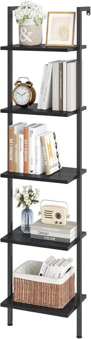 ELYKEN Ladder Shelf, 5-Tier Wood Wall Mounted Bookshelf with Metal Frame, Vintage Open Display Organizer Rack, Leaning Storage Shelves for Living Room, Bedroom, Home Office, Black