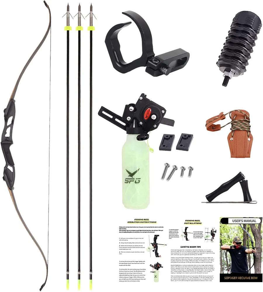 SOPOGER Archery Bowfishing Bow Kit - Powful 45lbs Bow Fishing Combos Kit with Detailed Instruction, Recurve Bow Fishing Bows for Adults with Durable Bow Fishing Reels Kits for Big Fish, Black