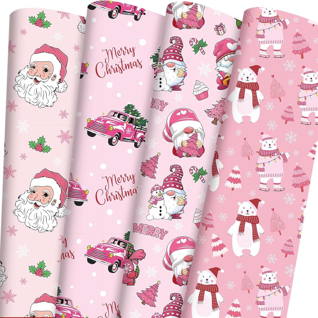 INCOK Pink Christmas Wrapping Paper - 12 Sheet Winter Santa Snowman Gift Wrap Paper Snowflake Star Cute Xmas DIY Craft Art Paper for Boys Girls Kids Merry Christmas Party Supplies, 19.7 x 27.6 Inch