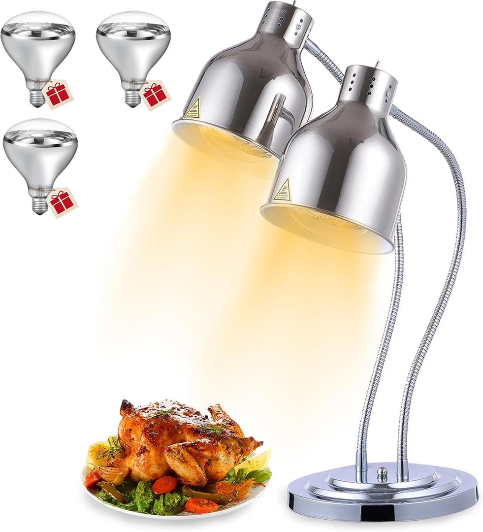 Food Heat Lamp - [3 Bulbs Included] [Rapid-Heating], 500W Commercial Food Warmer Light, Heat Lamp for Food, Catering Warming Lamp for Buffet Parties, Painted Silver (2 Head)