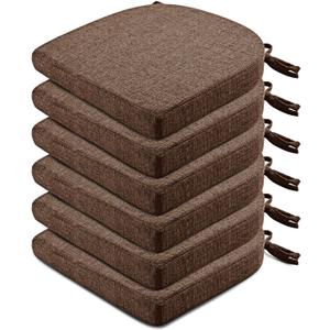 Wellsin Chair Cushions for Dining Chairs 6 Pack - Kitchen Chair Cushions with Ties and Non-Slip Backing - Dining Chair Pads 16"X16"X2", Brown