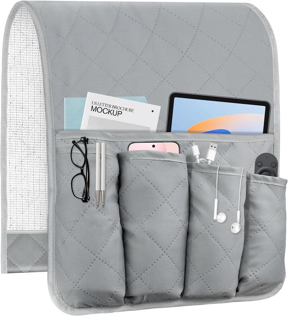 Sofa Armrest Organizer Non-Slip Arm Chair Bedside Storage Caddy Organizer Armchair Caddy for Recliner Couch Remote Holder with 5 Pockets for Cell Phone TV Remote Control Magazines(Grey) (GRAY-1)