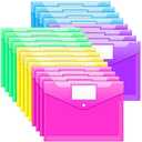 Sooez 15 Pack Folders Plastic Envelopes, Clear Plastic File Folder for Document, Letter A4 Size Poly File Envelopes with Label Pocket, Snap Button for Home Work Office Organizer, 5 Colors