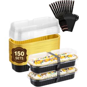 NEEBAKE 150 Pack 6.8 oz Disposable Mini Loaf Pans with Lids and Spoons - 6.5x2.5x1.2 Black Gold Aluminum Loaf Pans, Small Aluminum Tin Foil Baking Pan, Food Containers for Cakes, Bread, Loaves