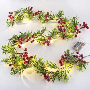 2 Pack Artificial Christmas Garland String Lights with 162 Snowy Red Berries 55 Green Leaves 20 LED Lights Battery Operated for Xmas Mantle Indoor Outdoor Holiday Christmas Decoration