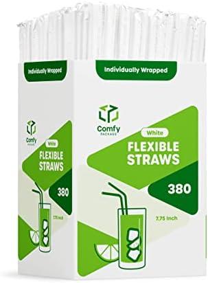 Comfy Package Individually Wrapped Disposable Plastic Flexible Drinking Straws - BPA Free - White [380 Pack]