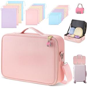 Eccliy Locking Adult Toy Bag Box Game Toys Storage Organizer with 20 Different Size Drawstring Bags Toy Storage Case for Women and Men(Pink,15.75 x 11.42 x 4.3 Inches)