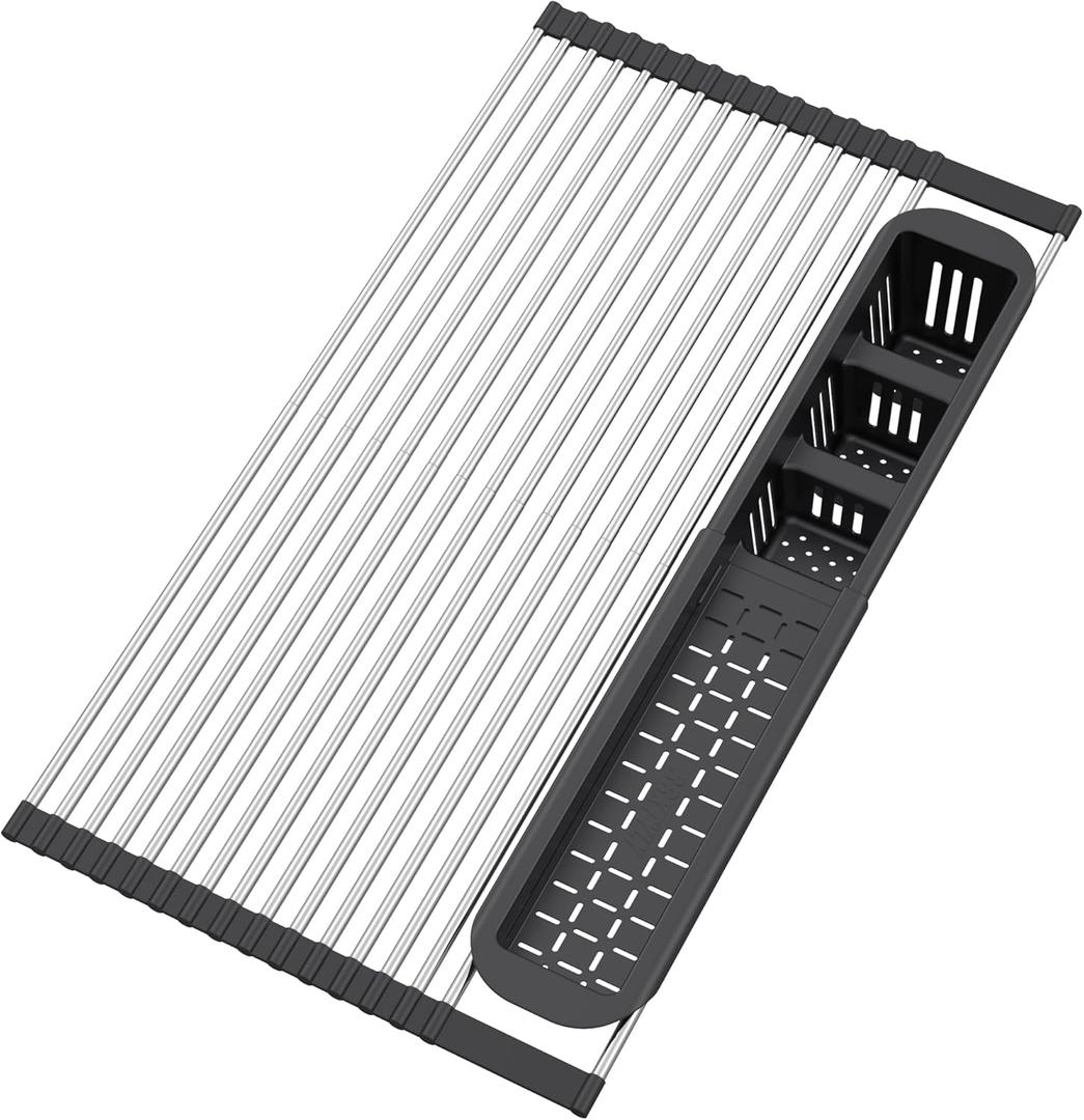 BBXTYLY Expandable Roll Up Dish Drying Rack,Over The Sink Drying Rack Sink Cover Kitchen Accessories Rolling up Stainless Steel Drainer, Foldable with Removable Utensil Holder(Black 15.1"W x 13.6"H)