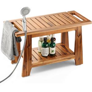 Tinamo 28" Shower Benches for Inside Shower - 400Lbs Capacity - Wooden Shower Stool Waterproof for Shaving Legs - Bench Seat with Storage Towel Shelf for Bathroom - Chair Spa Bath Nail Shave (Acacia)