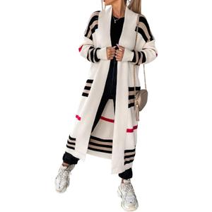 ebossy Women's Vintage Open Front Knit Striped Maxi Long Cardigan Sweater with Pockets (White, 2XL)