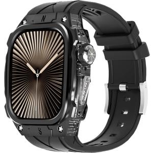 Luxury Metal Case for Apple Watch Series 10/11 46mm Band with Cover Heavy Duty Rugged Case Silicon Strap for men iWatch Series 10/11 46mm Full Protective Cover (Black)