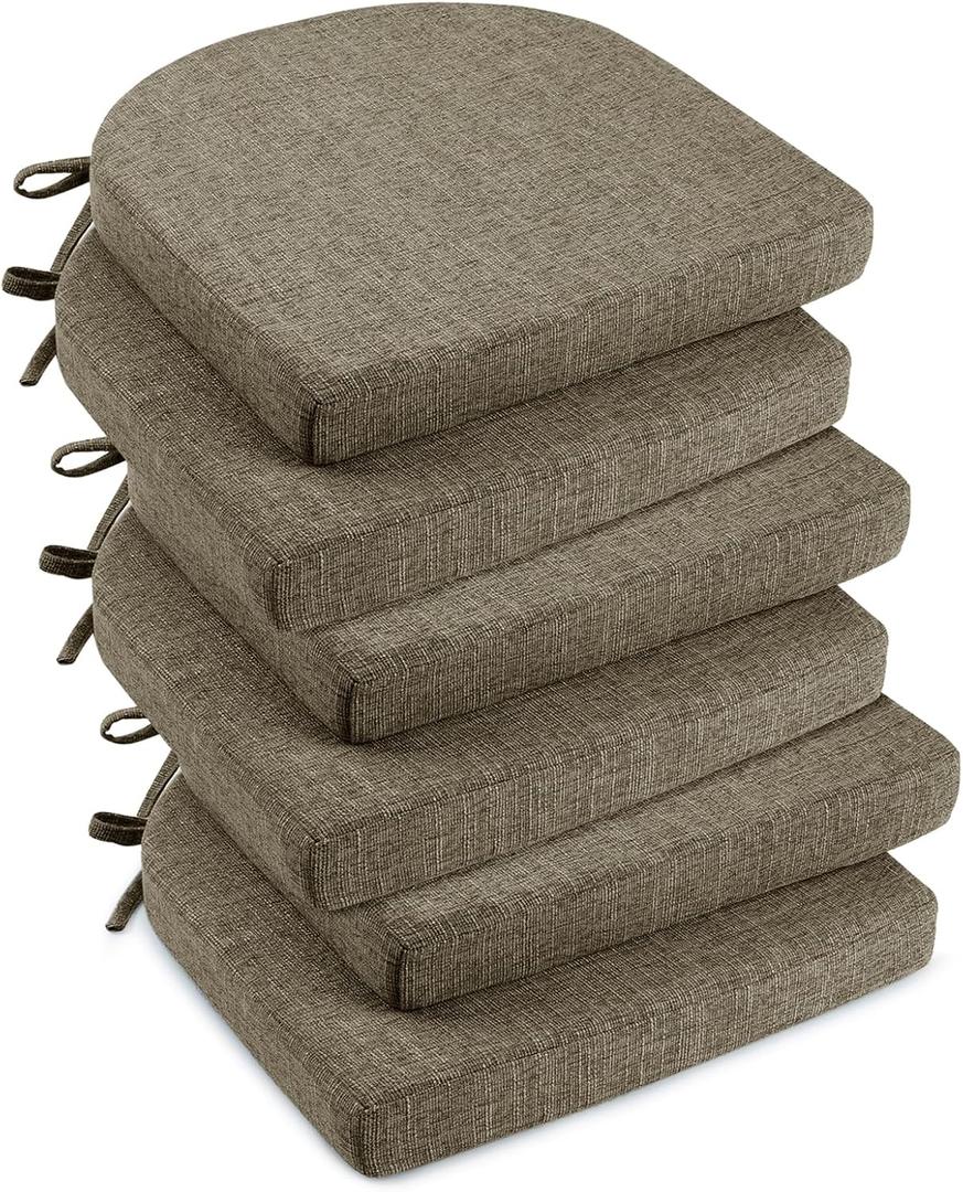 downluxe Indoor Chair Cushions for Dining Chairs, Soft and Comfortable Textured Foam Kitchen Chair Pads with Ties and Non-Slip Backing, 16" x 16" x 2", Khaki, 6 Pack, 6 Count