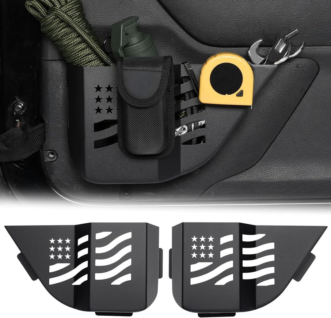 Benlari Metal Front Storage Pocket Fit for Wrangler JK, Upgrade Door Side Insert Storage Organizer Box Compatible with 2007-2018 Jeep Wrangler JK JKU 2/4 Door (2pcs, Black) Insert Cup Holder