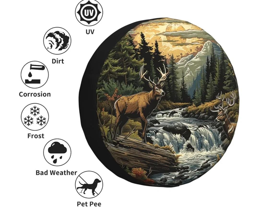 Landscape and Deer Spare Tire Cover Wheel Protectors Weatherproof Deer Pattern Wheel Covers Universal Fit for Trailer RV SUV Truck Camper Travel Trailers Accessories 15 Inch