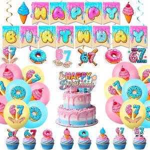 2 x 6 7 Birthday Decorations Kit, 67 Meme Happy Birthday Party Banner Themed Birthday Decorations Set Includes Banner, Large Cake Topper, 18 x Ballons, 24 x Cupcake Toppers