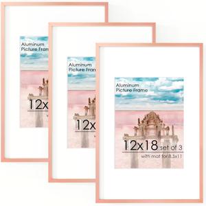 12x18 Metal Picture Frame for Wall With Mat for 8.5x11, 12''x18'' Aluminum Photo Frames With Tempered Glass for Home Decor, Minimalist Modern Poster Frame Horizontally & Vertically, 3 PCs, Rose Gold