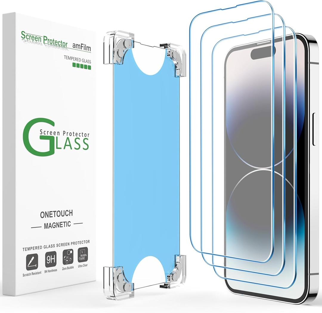 AmFilm 2 Pack Magnetic OneTouch 14 Pro Max 6.7" Screen Protector [Eco Friendly & Reduce Plastic] [Indestructible Ultra 9H Tempered Glass] [15 seconds Auto-Alignment & Ultra Fa