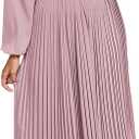 PRETTYGARDEN Women's Spring Midi Dress Long Puff Sleeve Wrap V Neck Flowy Ruffle Pleated Casual Fall Dresses (Pink, L)