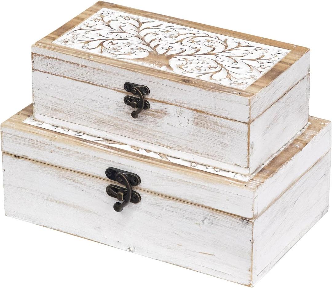 MODE HOME 2 Piece Tree of Life Carved Wooden Keepsake Boxes with Lids, Decorative Storage Boxes for Home Decor, Trinket Box for Jewelry and Memorabilia (Whitewashed)