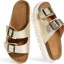 Hofeny Platform Sandals for Women – Genuine Leather Chunky Wedge Slides with Cork Footbed, Arch Support Comfortable Summer Sandals 2026 Gold Size 8