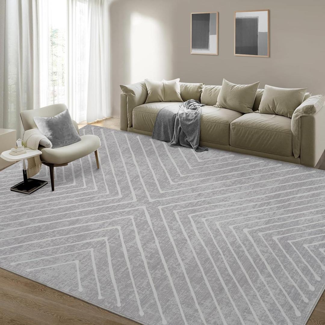 8x10 Area Rug for Living Room Washable Rug Non Slip Large Bedroom Rug Stain Resistant Dining Room Throw Contemporary Accent Carpet Ultra Soft Modern for Home Decor Office, Grey