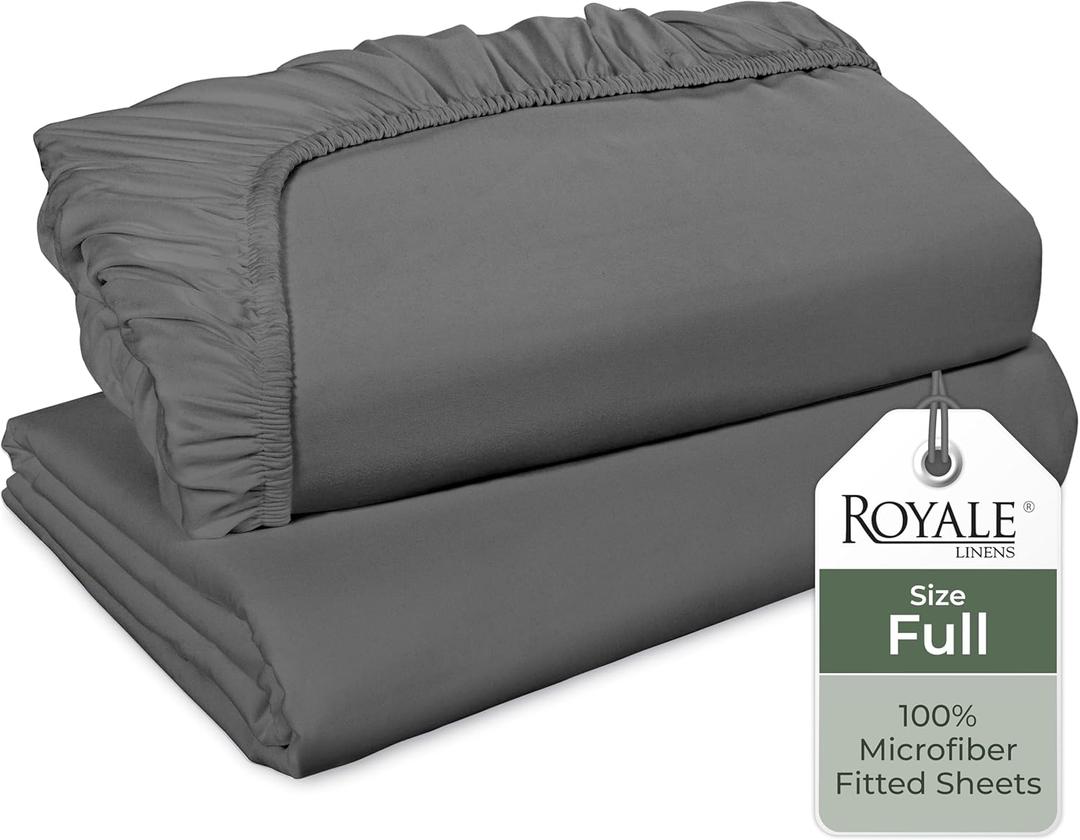 Royale Linens 2 Pack Fitted Sheet - Elastic Sheets - Full Fitted Sheet Only - Soft & Breathable - Brushed 1800 Microfiber - Stain Resistant - Hotel Quality Deep Pocket Stretches Up to 16" (Full, Grey)