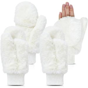SATINIOR Faux Fur Mittens Fingerless Gloves Convertible Gloves Fluffy Winter Warm Soft Half Finger Fuzzy for Women (White)