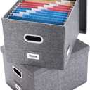 PRANDOM File Organizer Box - Set of 2 Collapsible Decorative Linen Filing Storage Hanging File Folders with Lids Office Cabinet Letter/Legal Size Grey (17x14x11.2 inch)