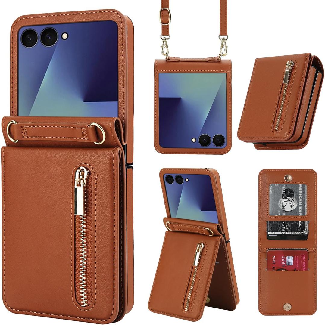 for Samsung Galaxy Z Flip 7 Luxury Zipper Wallet Phone Case, Multi-Function Kickstand Card Holder Adjustable Crossbody Strap, Fashion Flip Case.(Brown)