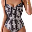 Eomenie Women's Tummy Control One Piece Swimsuit Slimming Color Block Bathing Suit Lace Up Back Swimwear, Black Yellow Print, XL