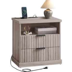 VASAGLE MAXE Collection - Nightstand with Charging Station, Fluted Night Stand, Bedside Table, Mid Century Modern Side End Table, 2 Drawers, 2 AC Outlets, 2 USB Ports, Washed Gray ULET626G01S