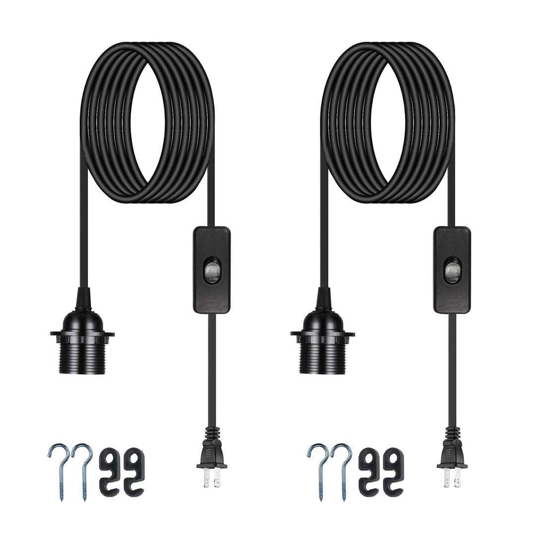 Plug in Pendant Light Cord - 16Ft Hanging Light Kit E26/E27 Light Socket Hanging Lantern Lamp Cord with On/Off Switch, Socket Rings, 2 Pack, Black