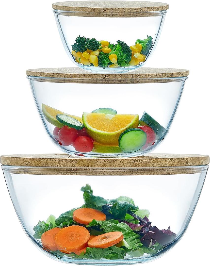 Glass Mixing Bowls Glass Salad Bowls with Bamboo Lids & Utensils Set of 3, Large Capacity Serving Bowl, 3pc Nesting Containers with Wood Lids, Microwave Safe Baking Bowls for Kitchen, Extra Large