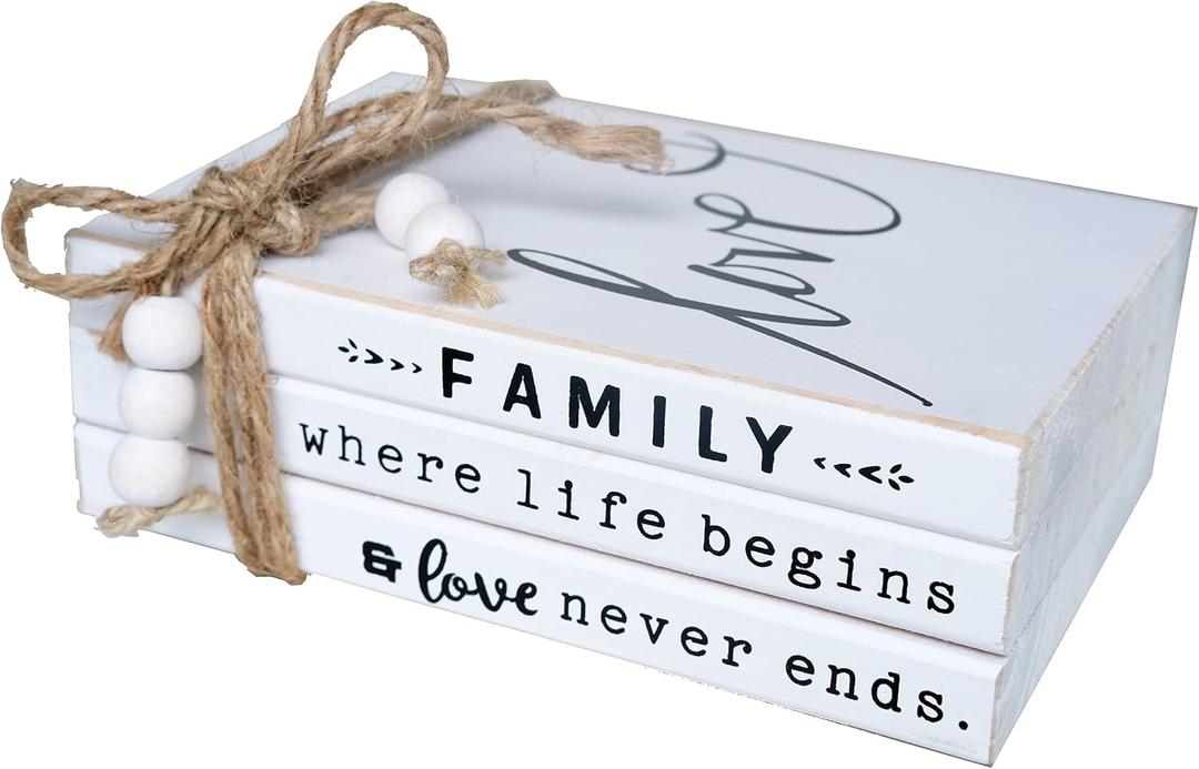LIVDUCOT Wooden Decorative Books Stack for Coffee Table Faux Book Stack for Decoration Love Family Where Life Begins Modern Farmhouse Decor White Book Decor for Shelf 7X 5.5X 2.5'