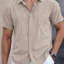 Men's Button Down Shirt Short Sleeve Casual Summer Beach Business Shirt (Beige, XXL)
