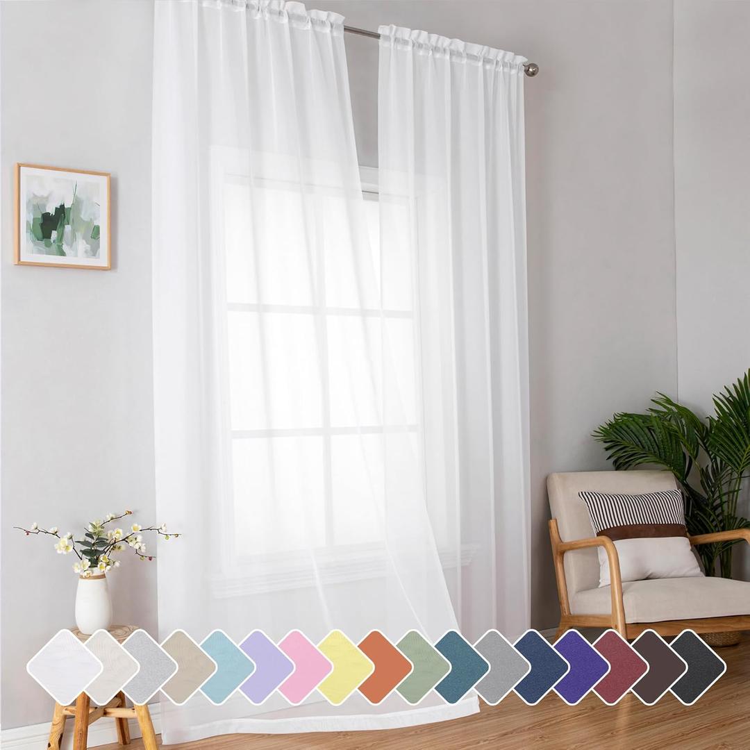3 x Simplebrand Sheer White Curtains 96 Inches Long, Light Filtering Rod Pocket Solid Color Window Sheer Curtain Panels, Elegant Curtains & Drapes for Living Room, Bedroom 2 Panels (White, 42" W x 96" L)