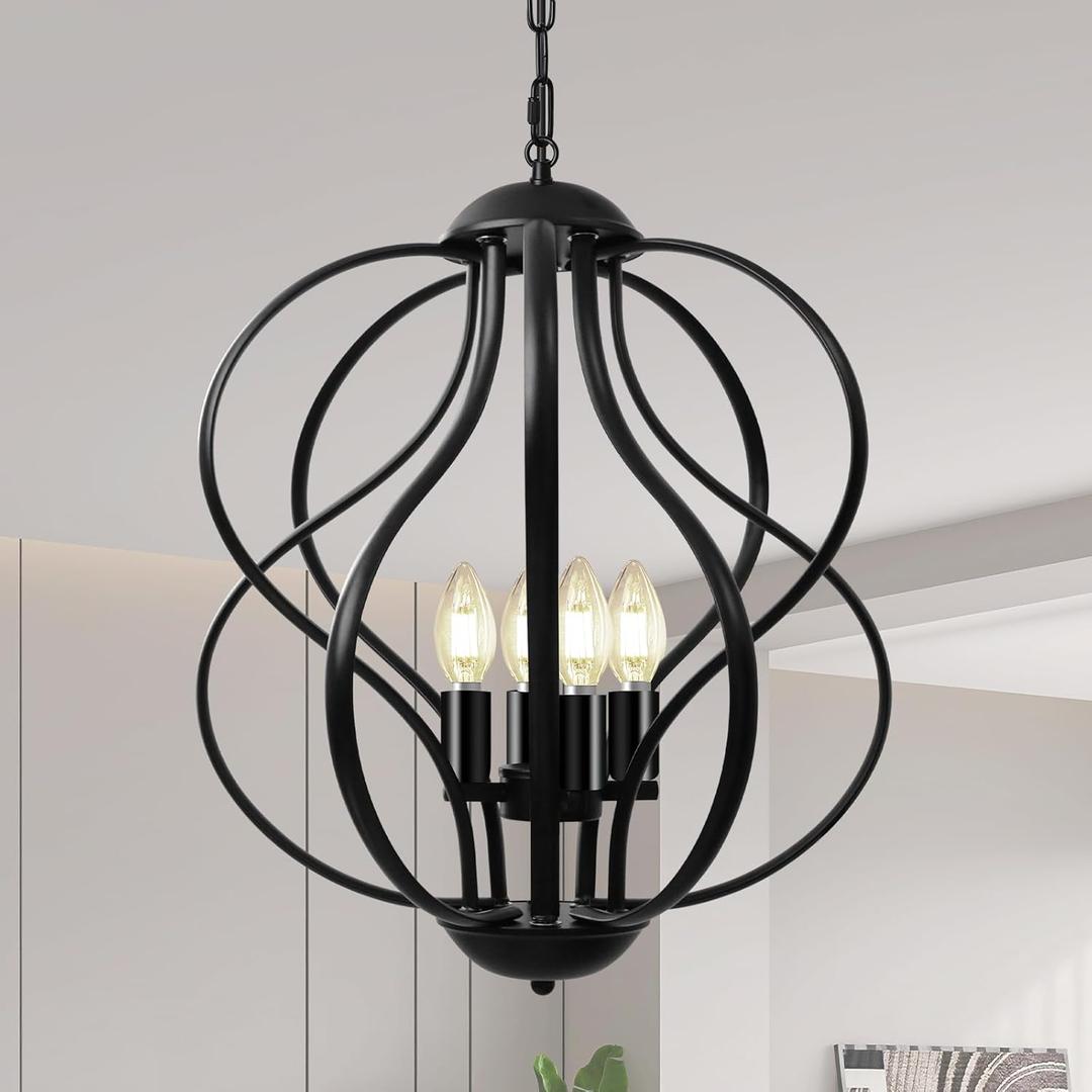 Black Chandelier for Dining Room Light Fixture, 4-Light Modern Farmhouse Chandelier, 17" Large Ceiling Hanging Industrial Pendant Light for Kitchen Island Living Room Foyer Entryway Stair