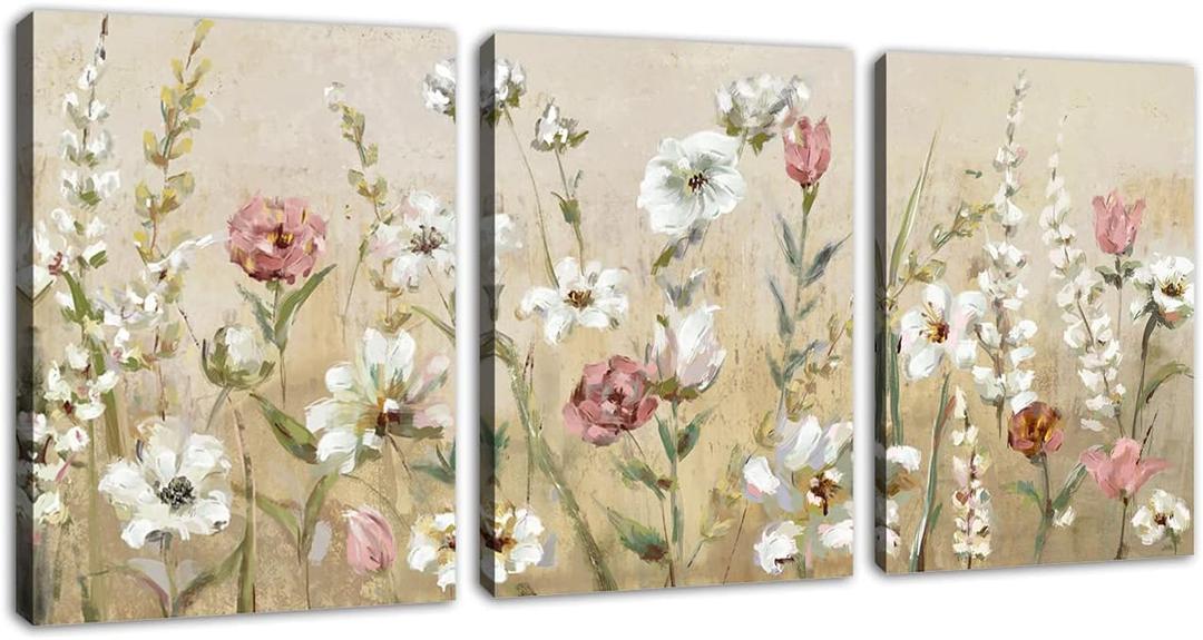 Flowers Wall Art Pink White Floral Canvas Pictures Elegant Blossom Wall Decor Modern Flower Bedroom Living Room Wall Decoration Vintage Canvas Prints Flower Canvas Wall Hangings 12" x 16" x 3 Pieces