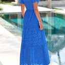 PRETTYGARDEN Womens Summer Eyelet Maxi Wedding Guest Dress | Square Neck Puff Short Sleeve Smocked Flowy Dresses, Cotton, With Pockets, Dress for Bridal Shower, Garden Party, Vacation (Blue, S)
