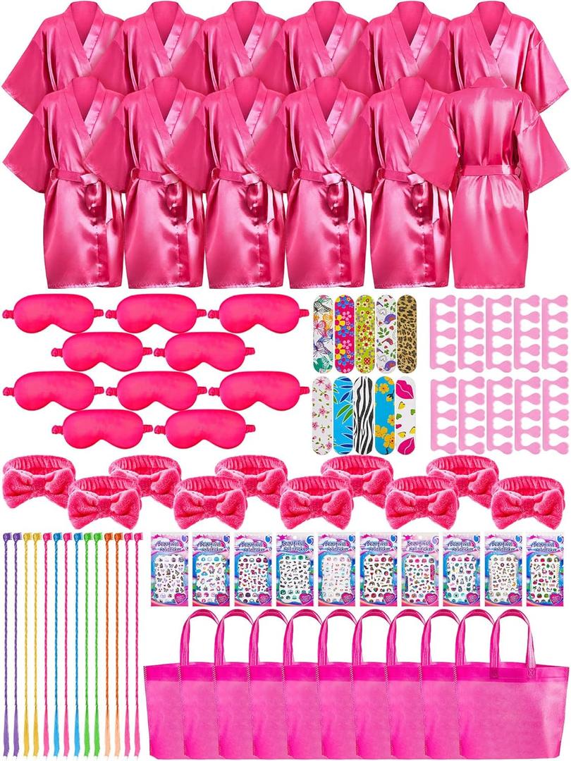 Xuhal 92 Pcs Spa Party Favors for Girls Slumber Party Supplies Kids Satin Robes Sleepover with Gift Bags for Girl Kids Birthday Gifts Total 10 Sets(Rose,12)