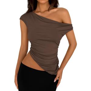 PRETTYGARDEN Womens Off The Shoulder Y2K Tops 2026 Summer Sleeveless Asymmetrical Ruched Going Out Tank Top Fashion Clothing (Brown, S)